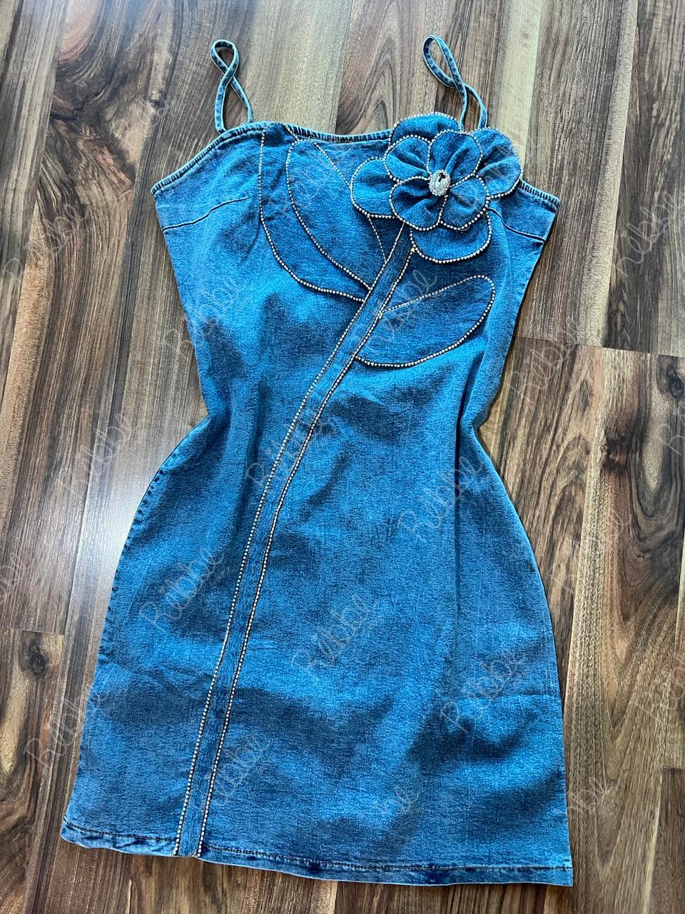 Vestido Denim Flor 3D