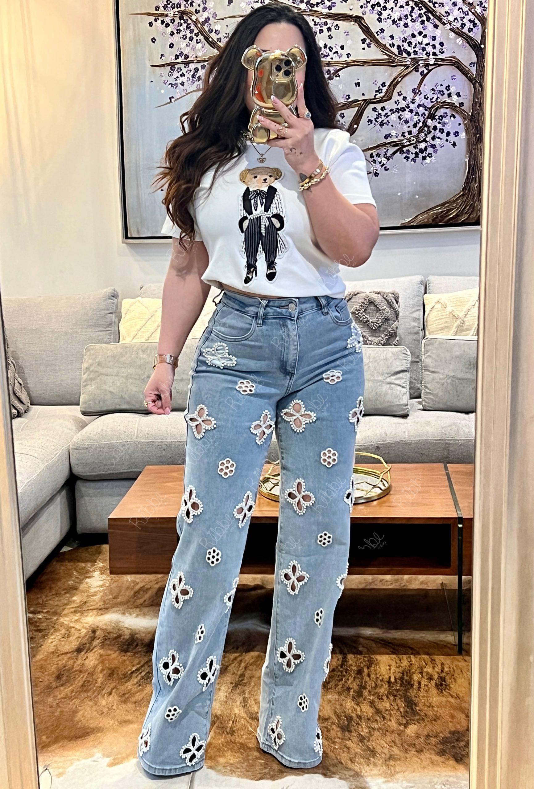 Jeans flores Perlas